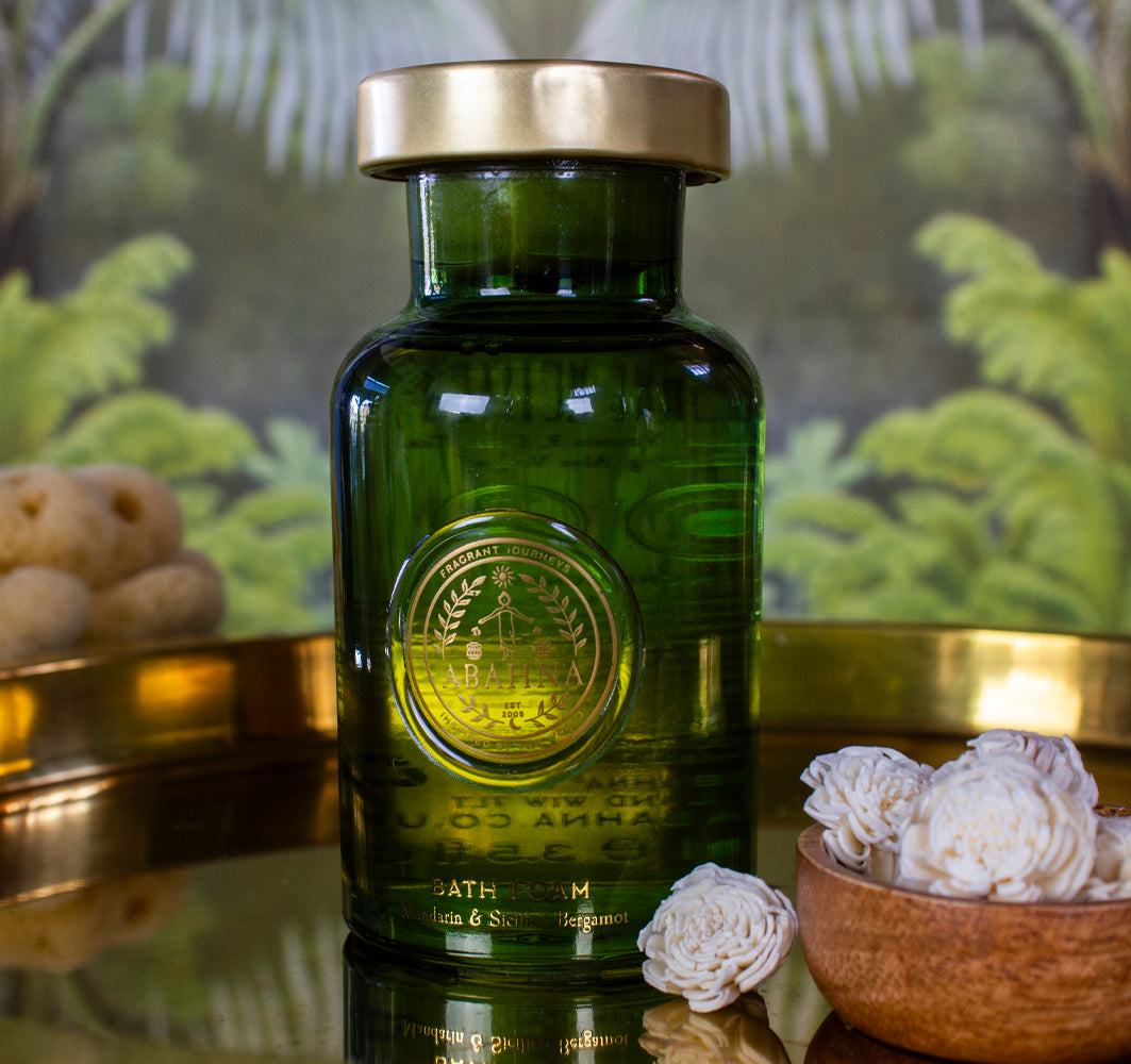 Citrus bath foam in apothecary-style recycled glass decanter – Abahna