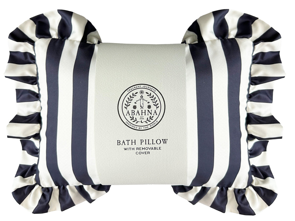 Abahna bath pillow – charcoal grey and white striped cover with frill trim