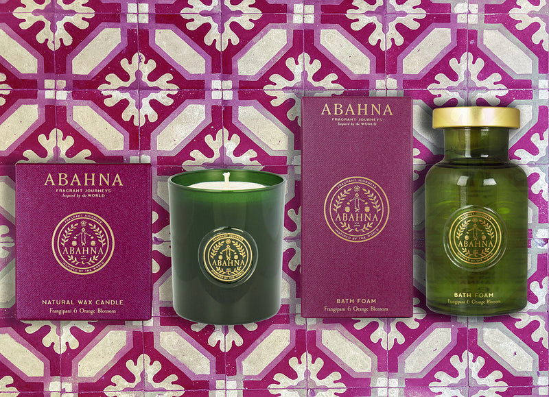 Luxury bath & candle set – Frangipani & Orange Blossom natural wax candle with glass decanter bath soak