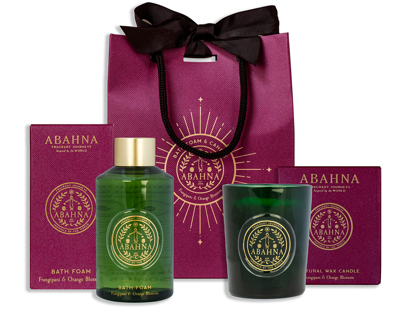 Abahna Frangipani & Orange Blossom bath foam and candle gift set – luxury floral ritual