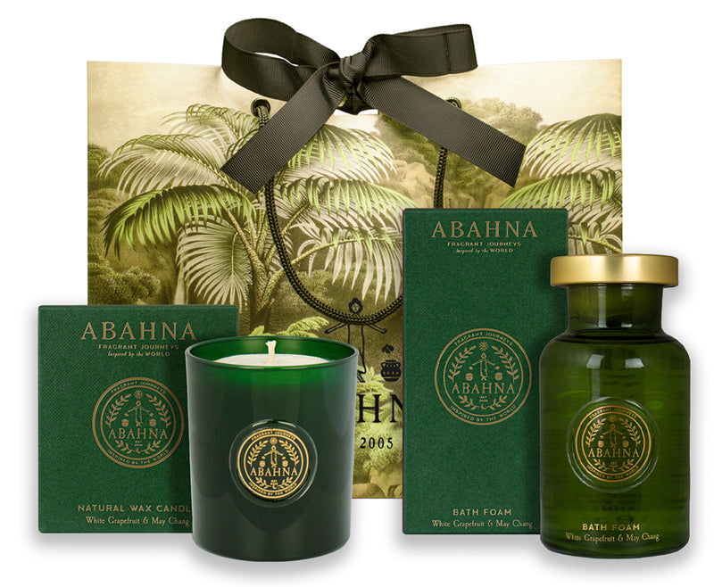 Abahna White Grapefruit & May Chang bath foam decanter and scented candle set – uplifting citrus bath gift