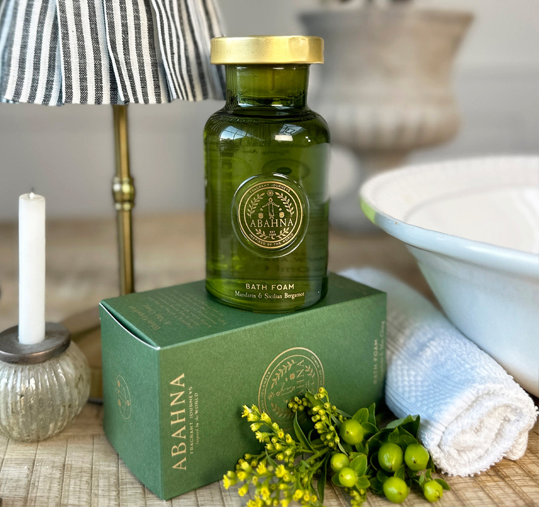 Citrus bath foam in apothecary-style recycled glass decanter – Abahna