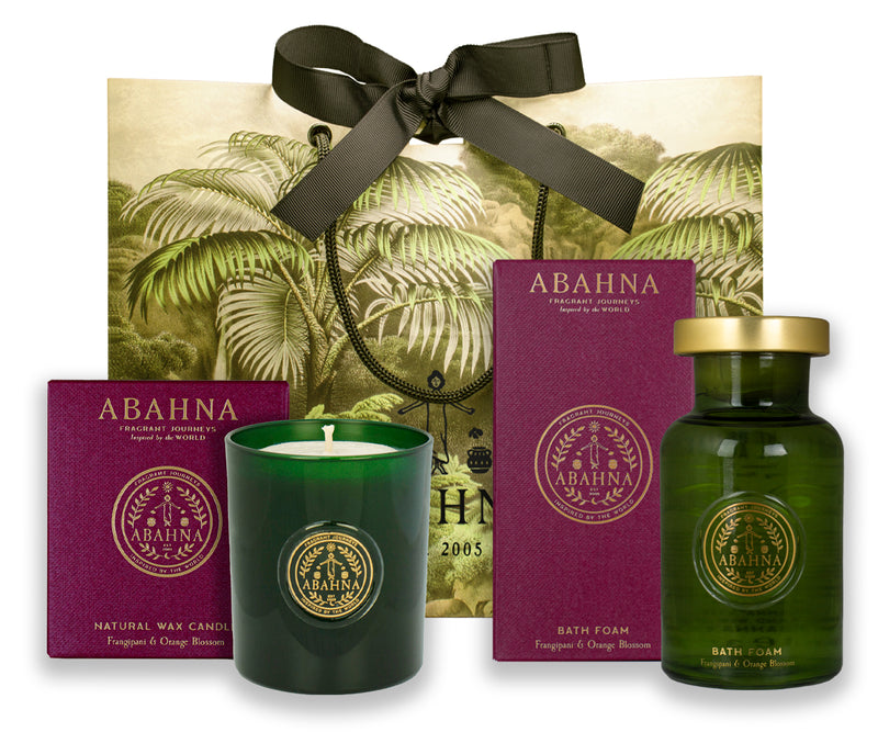 Abahna Frangipani & Orange Blossom bath foam decanter and scented candle gift set – soothing floral