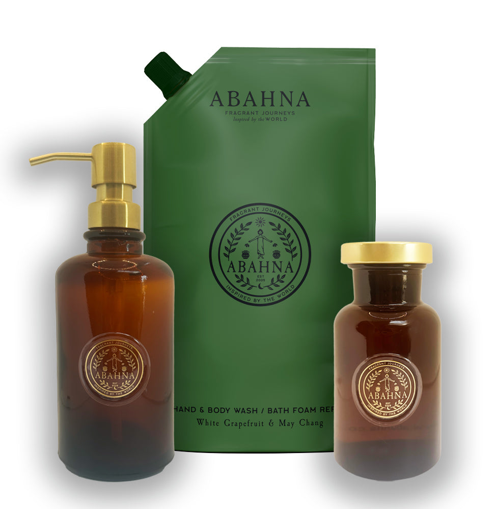 Amber glass hand wash bottle and bath foam decanter with 1L citrus refill – Abahna