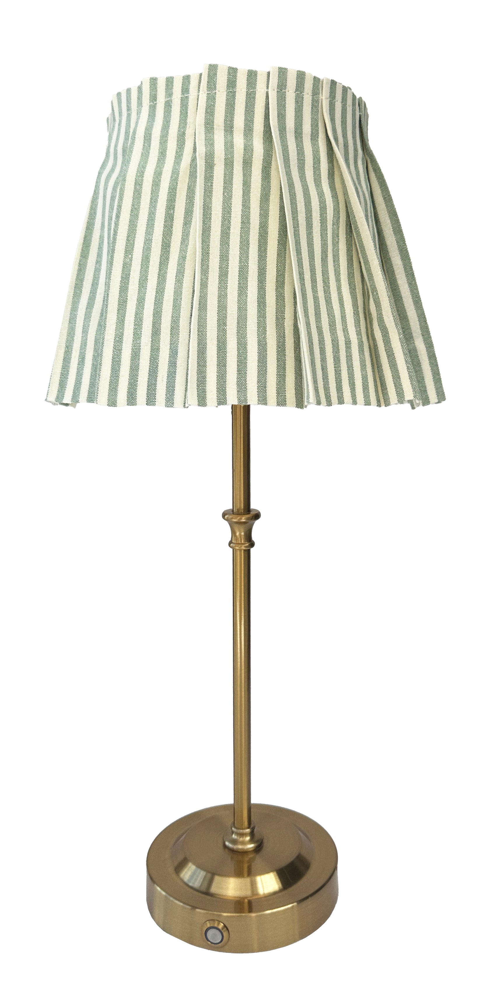 Luxury bathroom lamp with cordless rechargeable design and LED settings and green stripe pleated shade