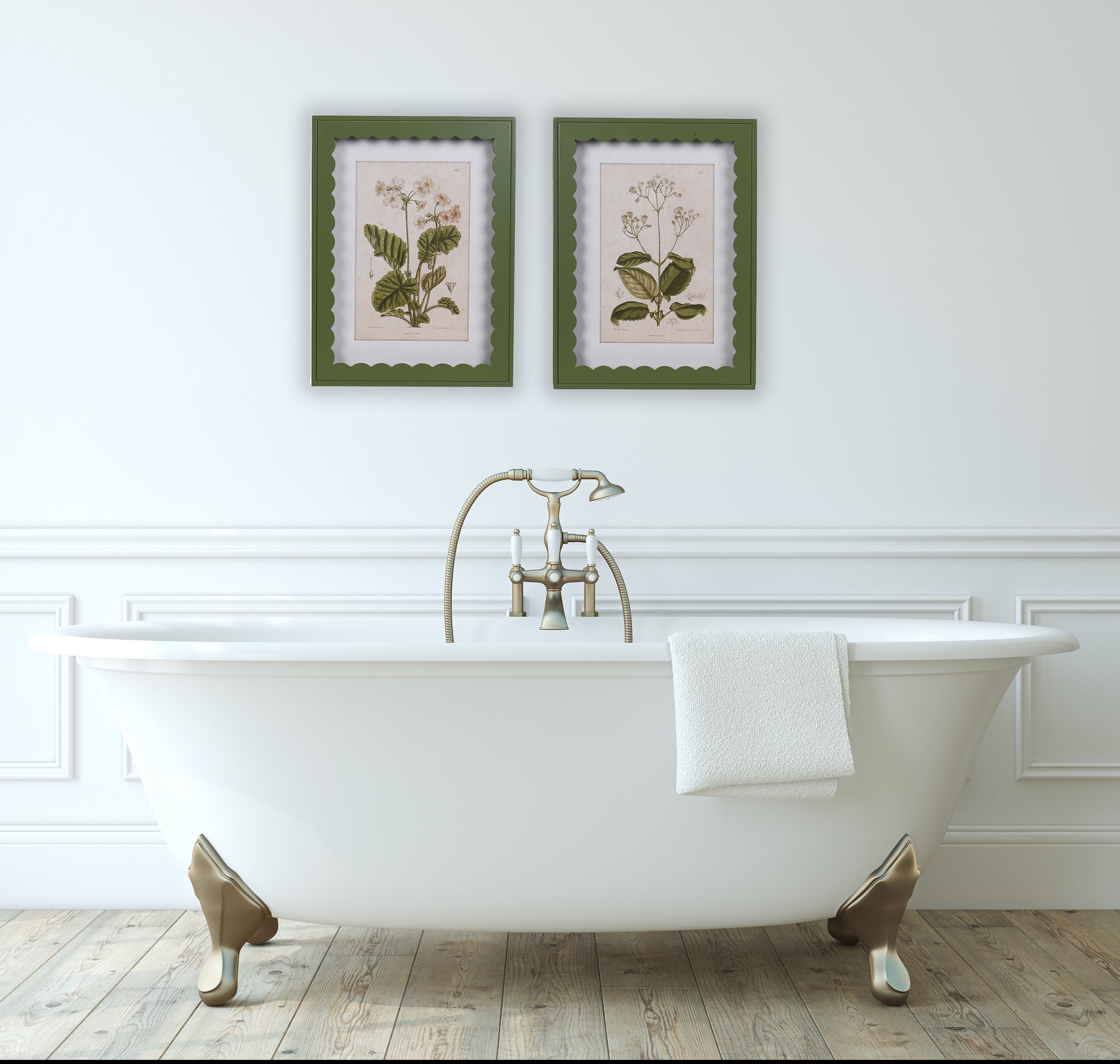 Pair of vintage floral prints in green scalloped frame
