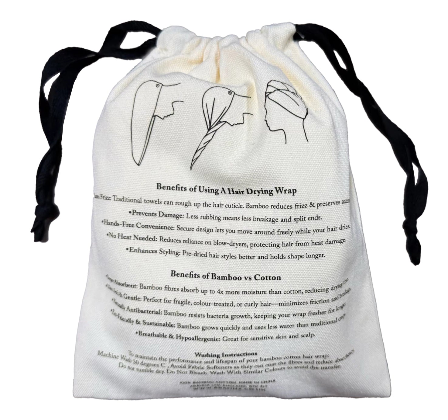 Abahna Hair Drying Wrap - Benefits on back of the bag