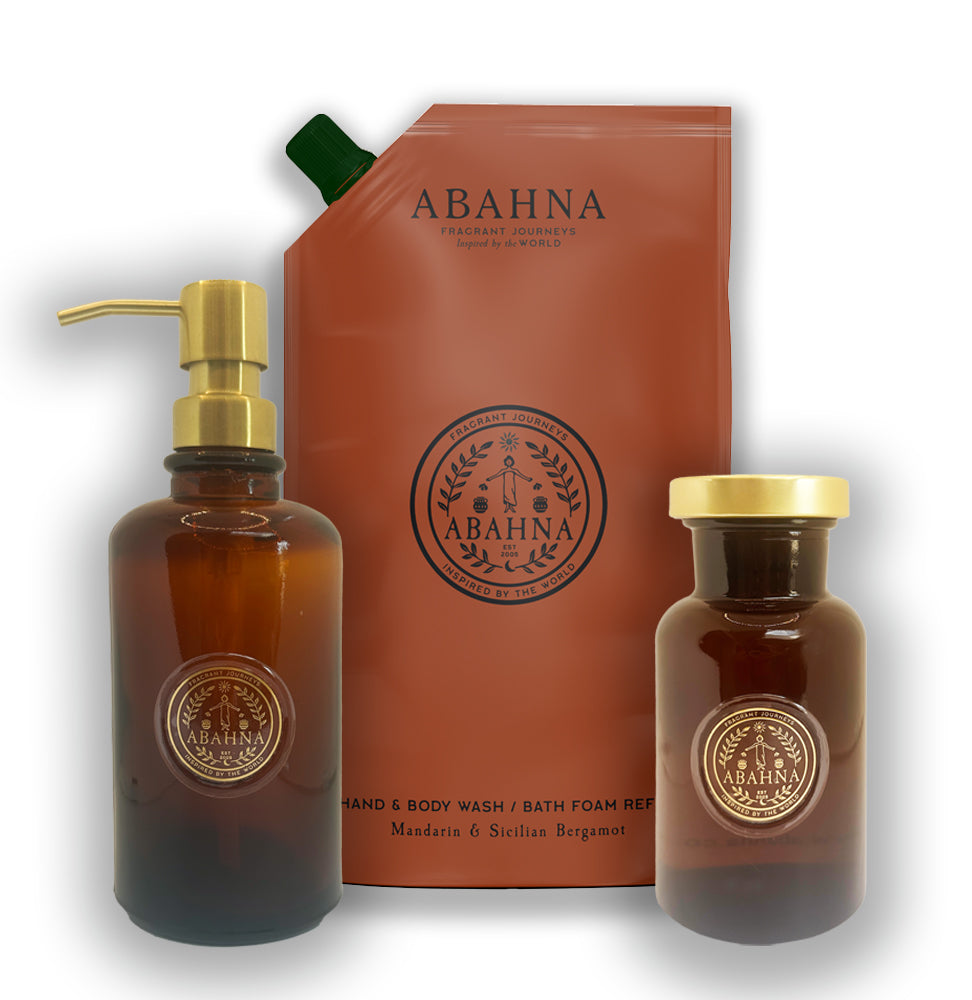 Amber glass hand wash bottle and bath foam decanter with 1L citrus refill – Abahna