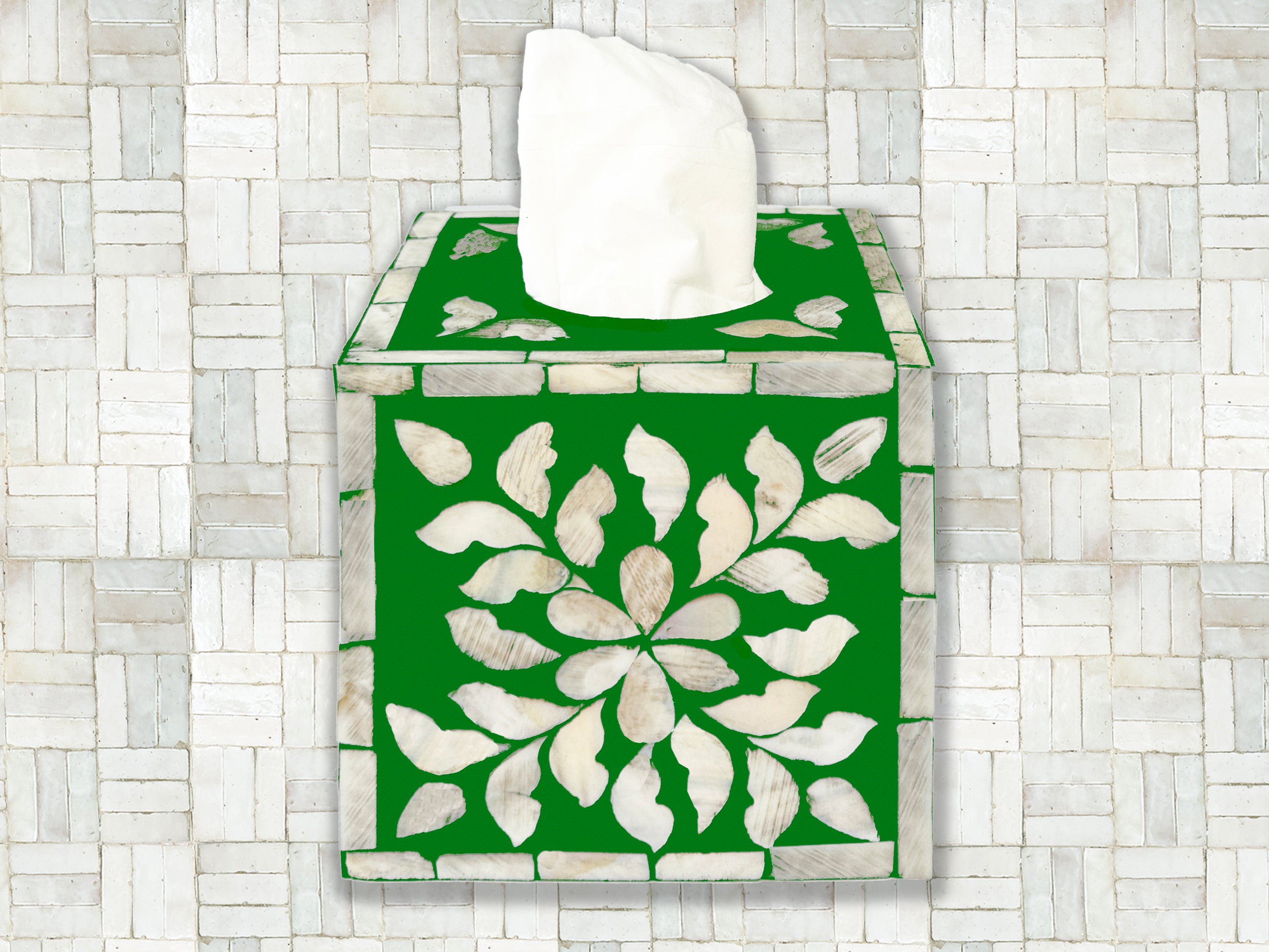 Mother of pearl inlay tissue box cover green