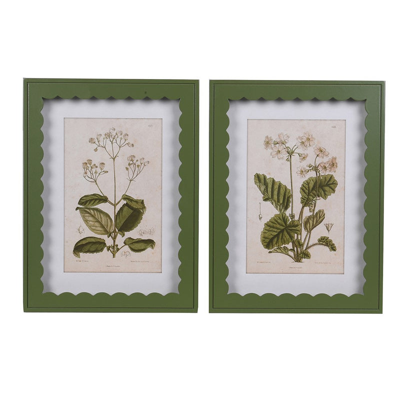 Pair of vintage floral prints in green scalloped frame