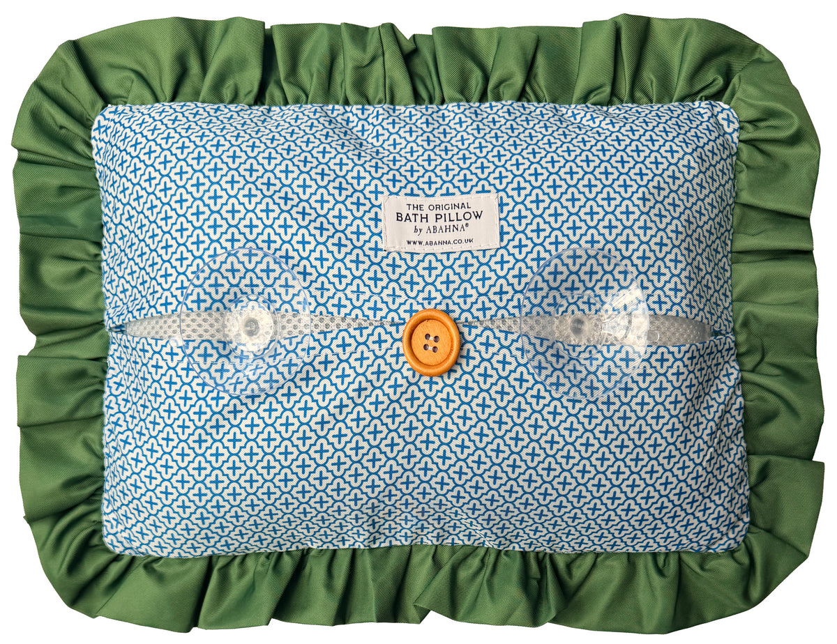 The Original Bath Pillow by Abahna® Amalfi Lattice (Green & Blue) Unboxed