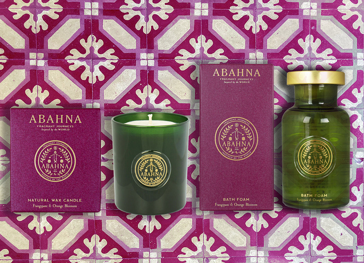 Luxury bath & candle set – Frangipani & Orange Blossom natural wax candle with glass decanter bath soak