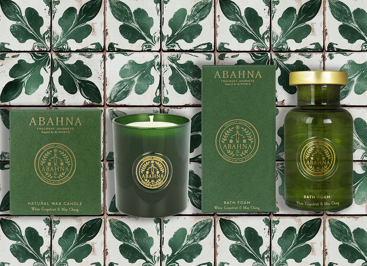 Luxury bath gift set with bath foam in glass decanter and natural wax candle – Abahna