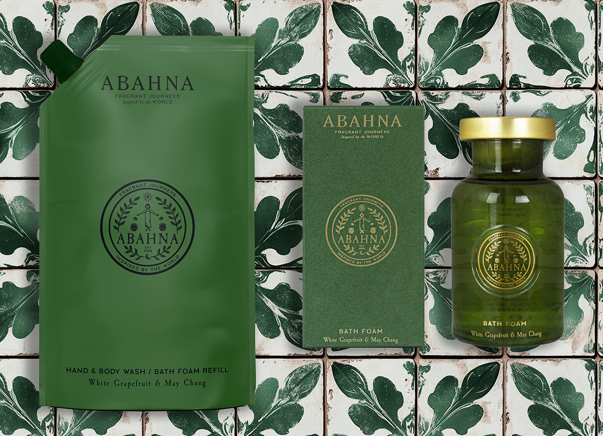 Luxury bath foam in glass decanter with eco refill pouch – Abahna