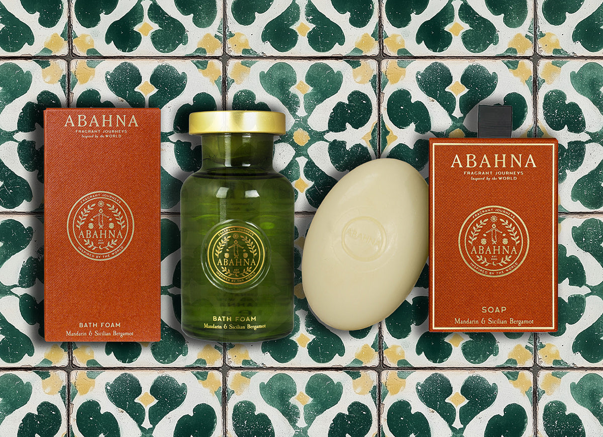Luxury citrus bath set with bubble bath in glass decanter and triple-milled soap