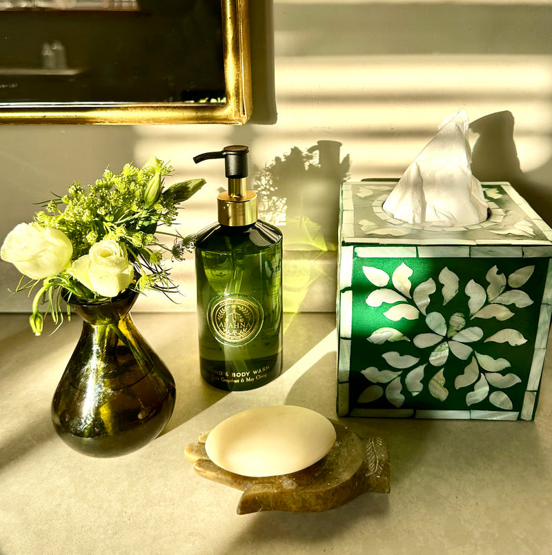 Mother of pearl inlay tissue box cover green