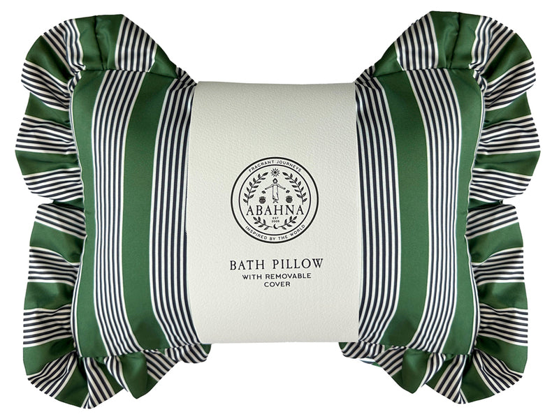 Abahna bath pillow – charcoal grey and green striped cover with frill trim