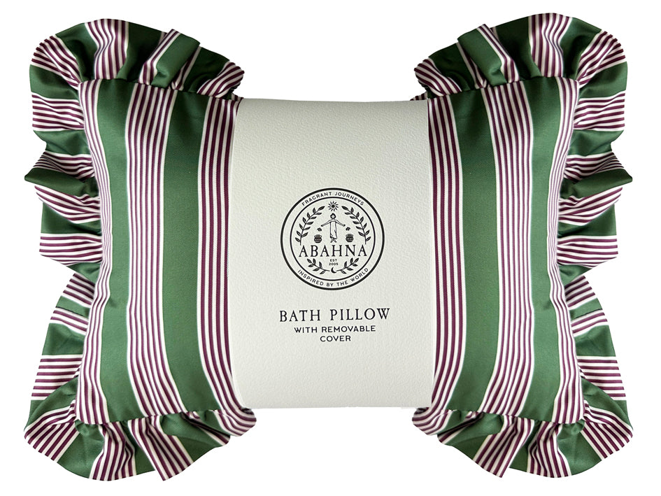 Abahna bath pillow – pink and green striped cover with frill trim