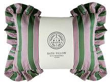 Abahna bath pillow – pink and green striped cover with frill trim