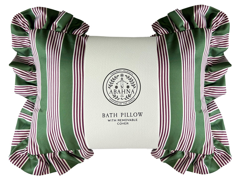 Abahna bath pillow – pink and green striped cover with frill trim