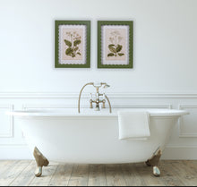 Pair of vintage floral prints in green scalloped frame