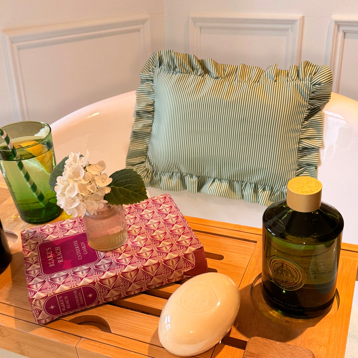 The Original Bath Pillow by Abahna® Riviera Stripe (Green) Unboxed