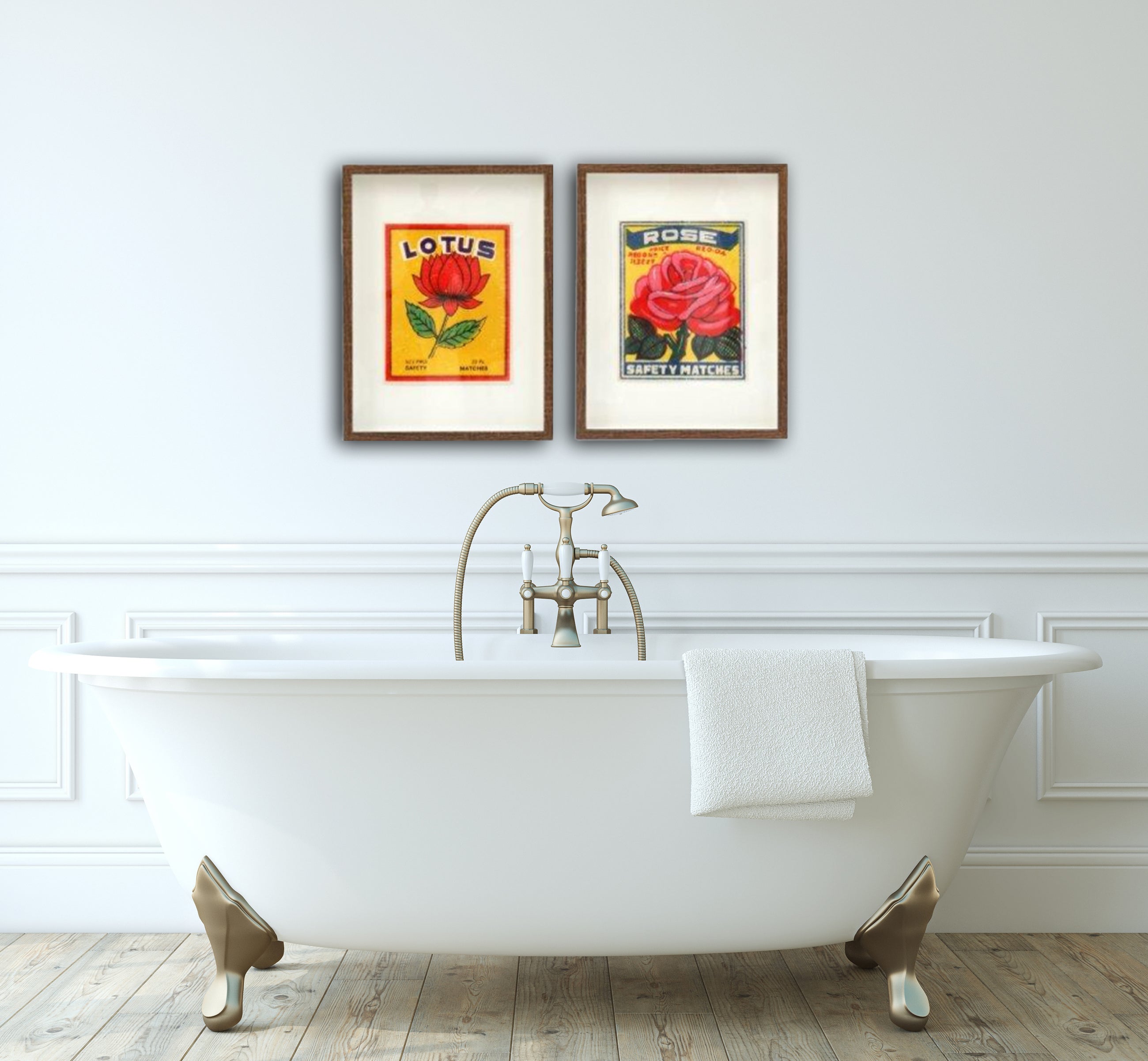 Vintage style Indian pair of pictures- Lotus &amp; Rose