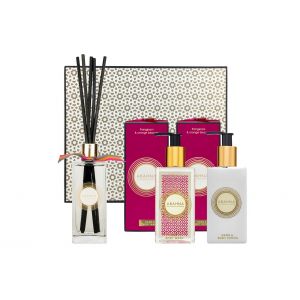 Frangipani & Orange Blossom cloakroom set with hand & body wash, hand & body lotion and reed diffuser