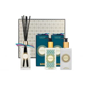 Mountain Flowers & Spring Water cloakroom set with hand & body wash, hand & body lotion and reed diffuser