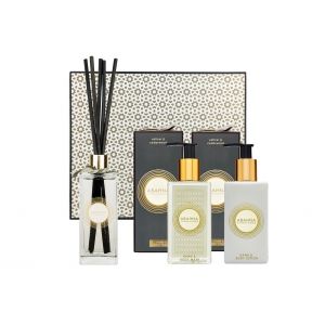 Vetiver & Cedarwood cloakroom set with hand & body wash, hand & body lotion and reed diffuser